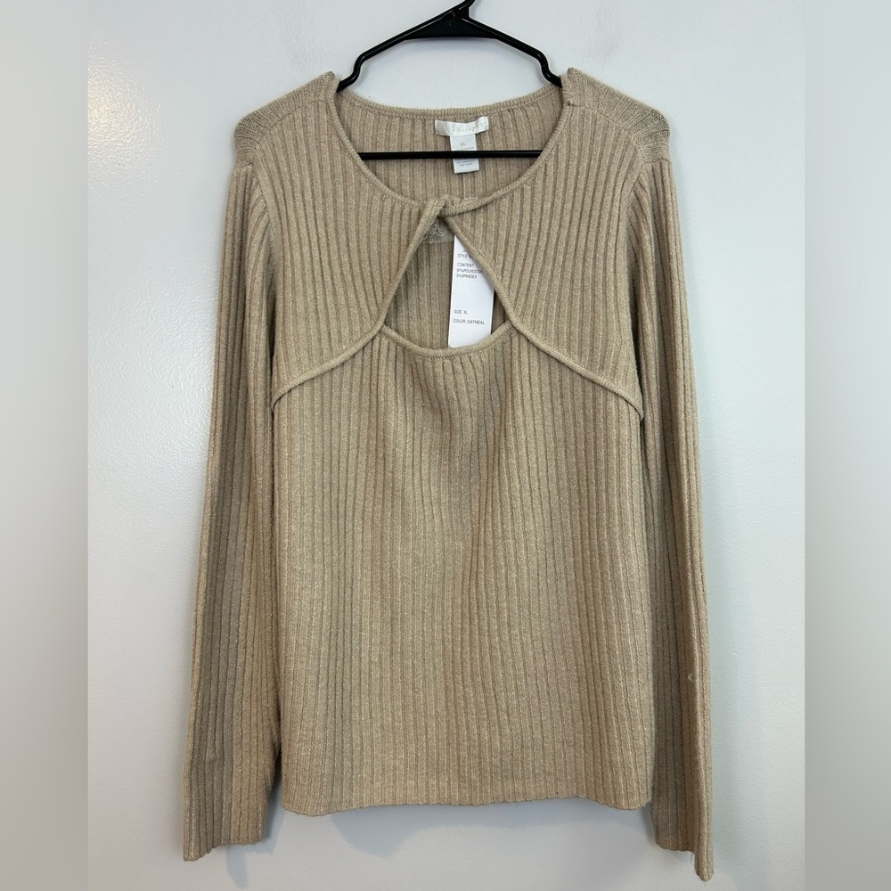 NWT Design History Oatmeal Brown Twist Cut Out Pullover Ribbed Sweater Size XL